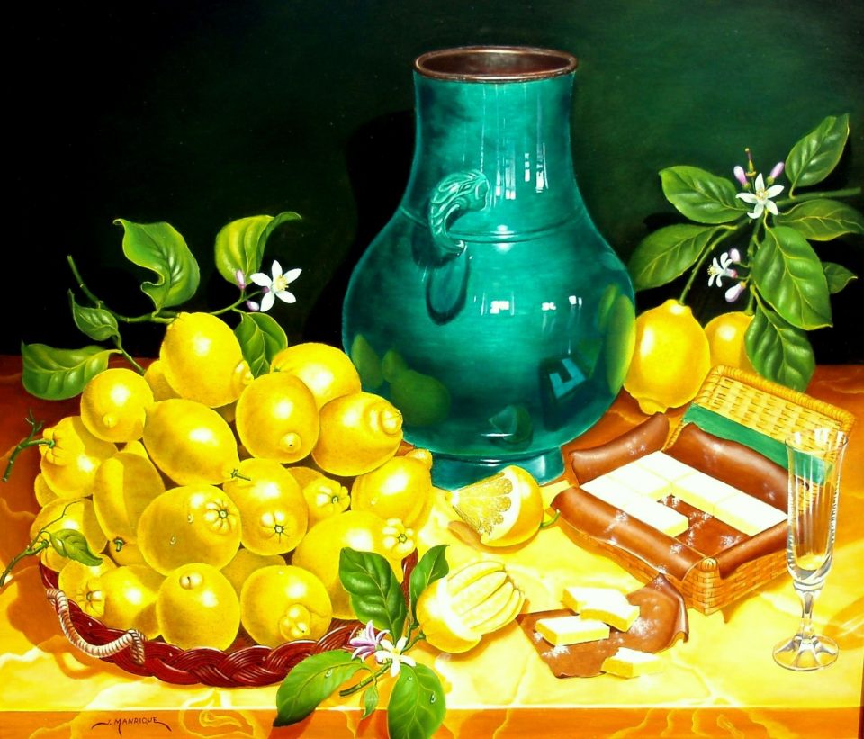 Jarrón chino con limones