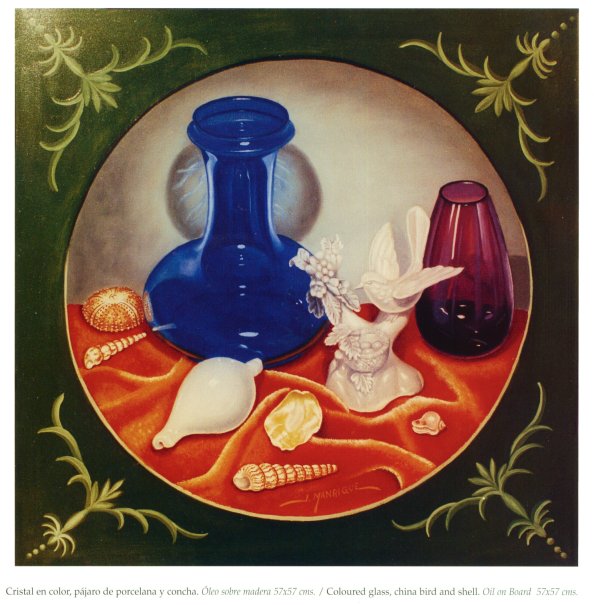 Cristal en color, pájarao de porcelana y concha