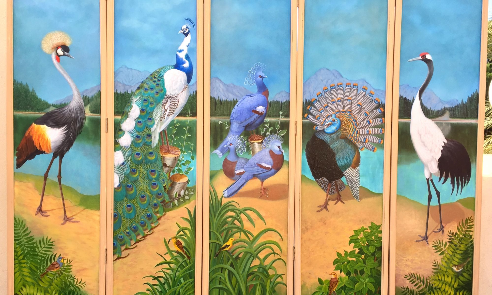 Biombo con Aves exóticas del artista Jaime Manrique-Palacin